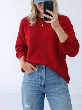 Vintage Tommy Hilfiger Red Knit Crewneck  Oversized 90s Sweater